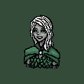 a fair-haired woman in green