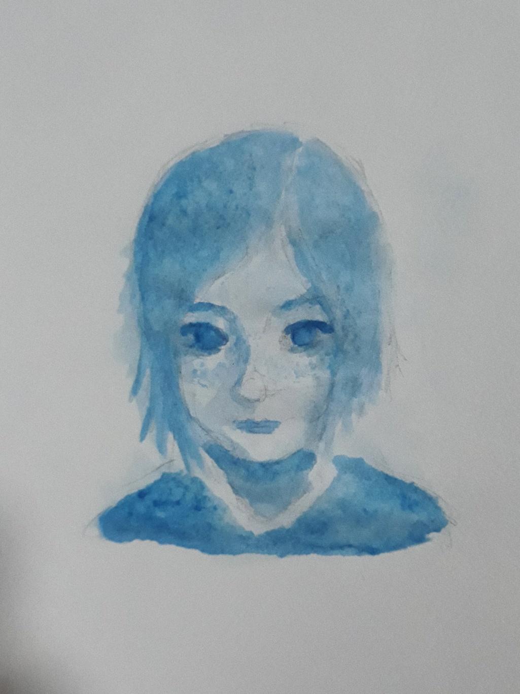 a watercolour portrait of a blue girl