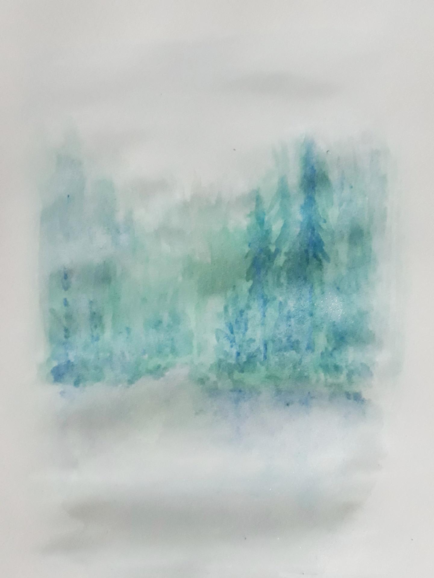 a watercolour painting of a lakeside forest