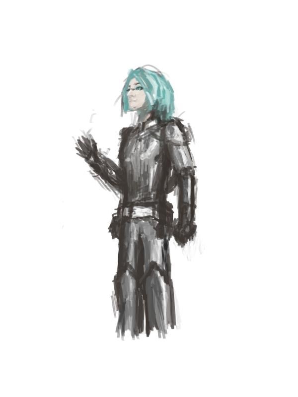 a sketch of a cyan-haired person wearing a suit of armour
