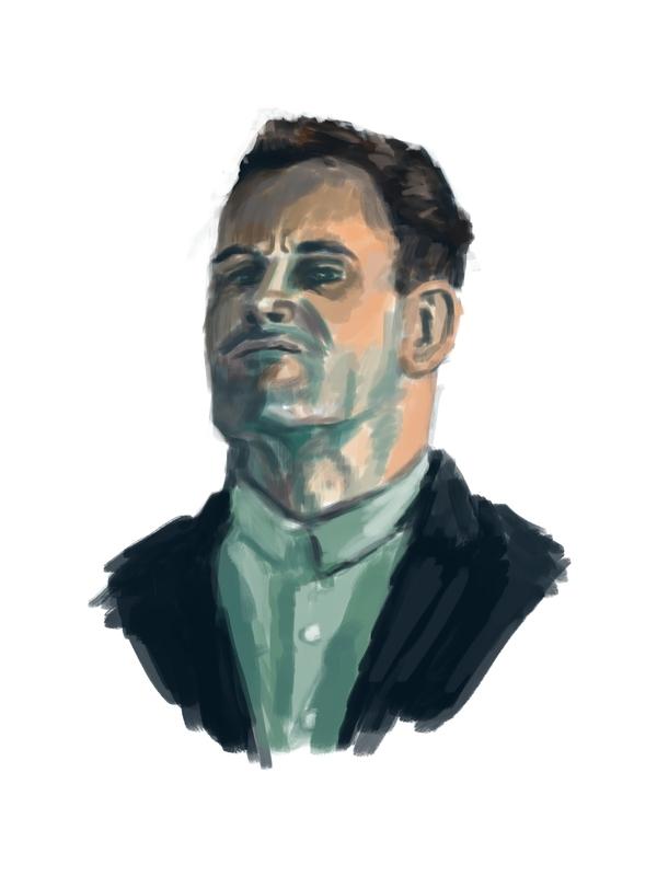 a cartoon portrait of an unamused man, Jonny Lee Miller