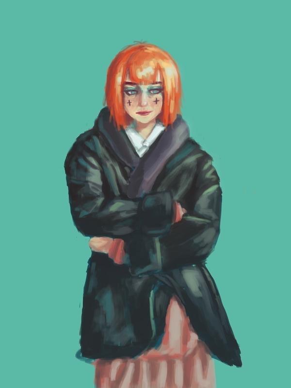 a portrait of an orange-haired woman wearing a coat